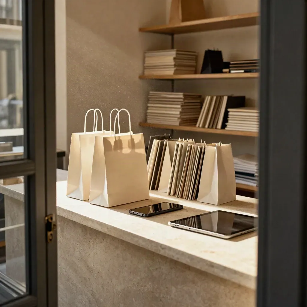 Backroom retail a Milano con luce calda, buste piegate, tablet chiuso e telefono rovesciato