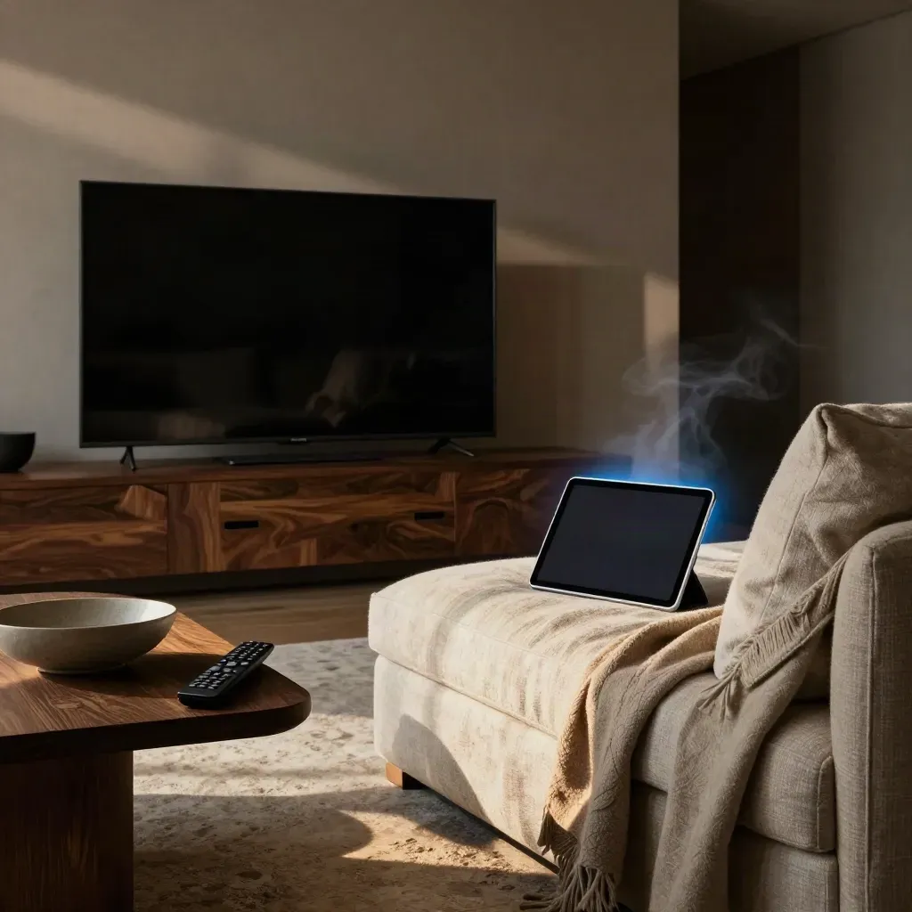Soggiorno cinematografico con TV spenta, tablet inclinato e telecomando su lino, luce calda drammatica.
