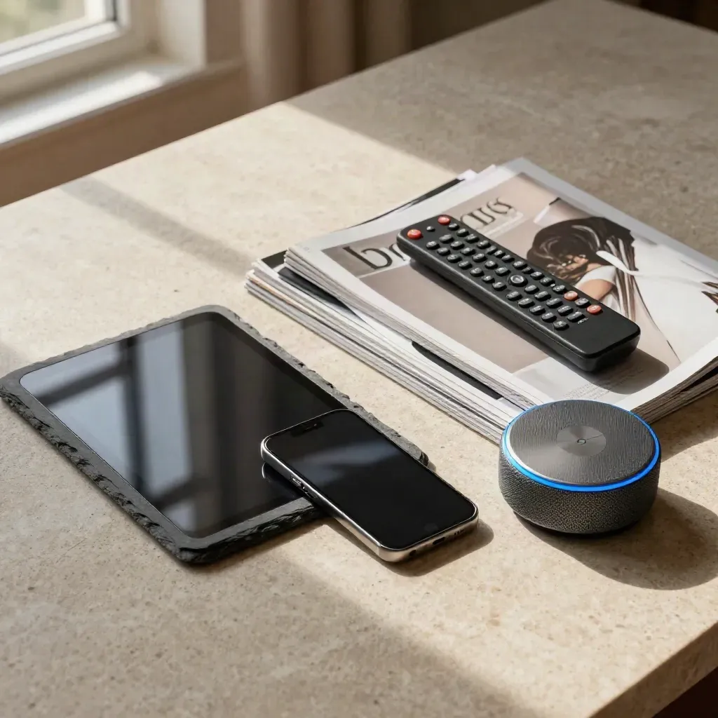 Flat lay dall'alto con tablet, smartphone, riviste, telecomando e speaker su tavolo in pietra chiara.