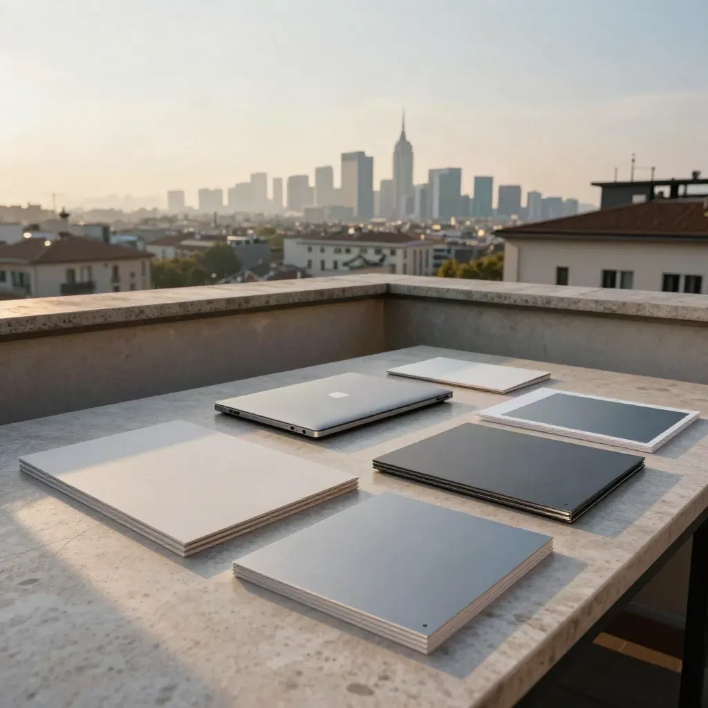 Tavolo di pianificazione su rooftop milanese all’alba con laptop chiuso e skyline dorato.