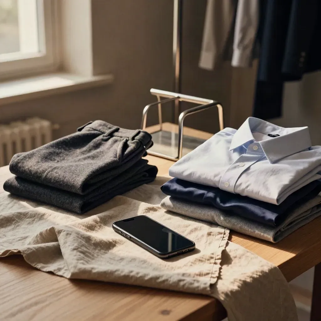 Angolo moda con capi piegati, rack metallico e smartphone su lino, luce calda al tramonto.
